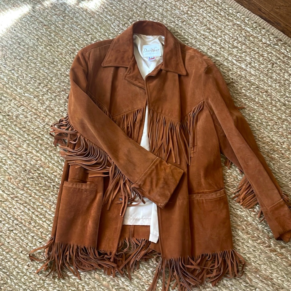 Vintage suede leather fringe jacket cognac carmel color oversized